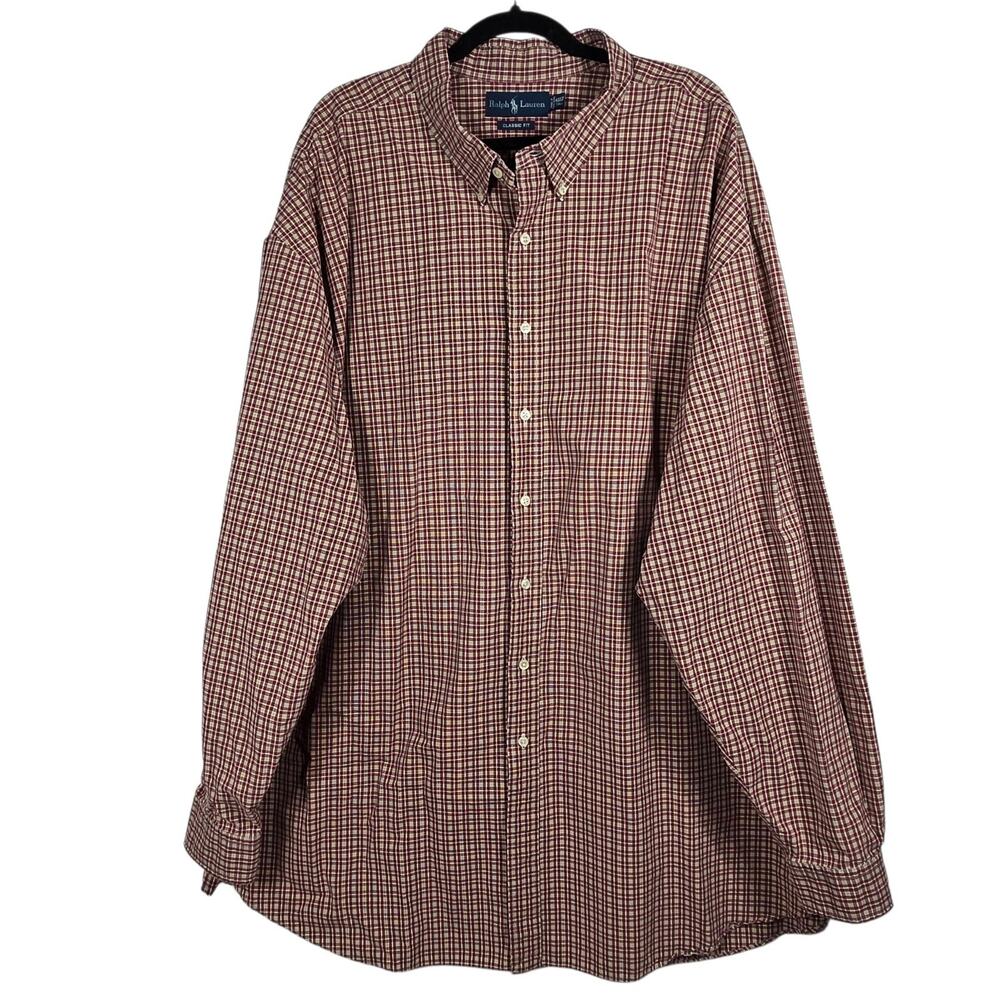VTG Ralph Lauren Oxford Shirt Mens 4XLT Red‎ Tan Plaid Classic Fit Button Down